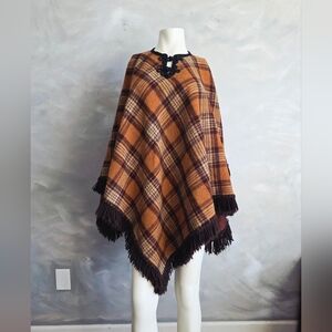 Orange and Brown Plaid Knot Neck Closure Poncho Vtg Fringe Wool Blend OS